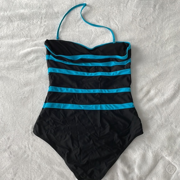 Charm Leaks XL black swimsuit with blue stripes, adjustable strap - Picture 3 of 4
